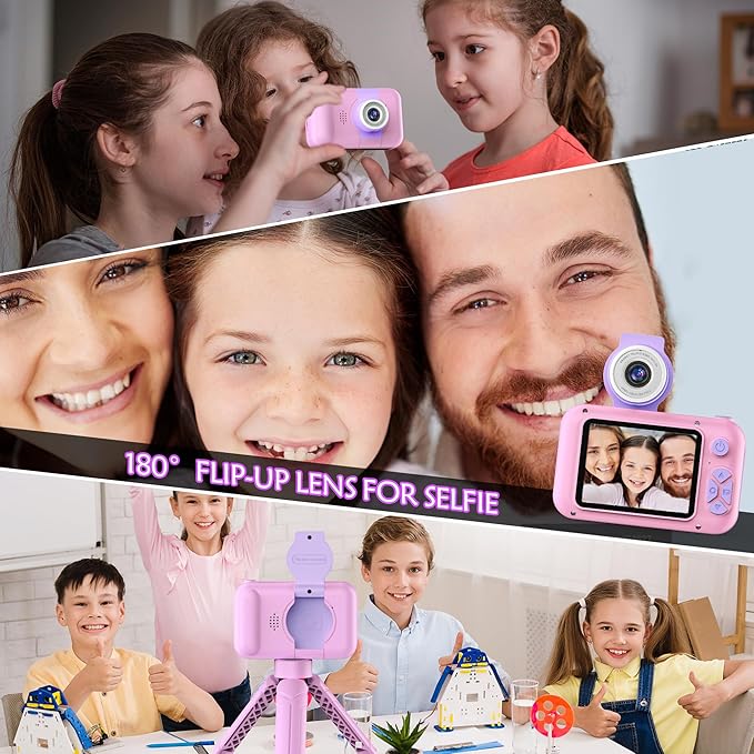 Kids Camera with Flip-up Lens for Selfie & Video, HD Digital Camera with 32GB SD Card, Ideal for 3-8 Years Old Girls Boys on Birthday Christmas Party as Gift(Pink)