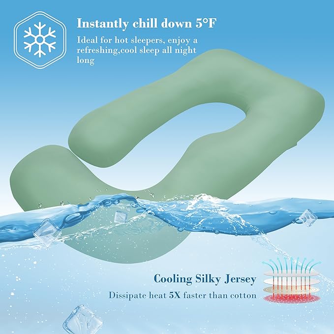 Cute Castle Cooling Cover Pregnancy Pillows, Soft U-Shape Maternity Pillow with Removable Cover - Full Body Pillows for Adults Sleeping - Pregnancy Must Haves - Jumbo 57 Inch - Green