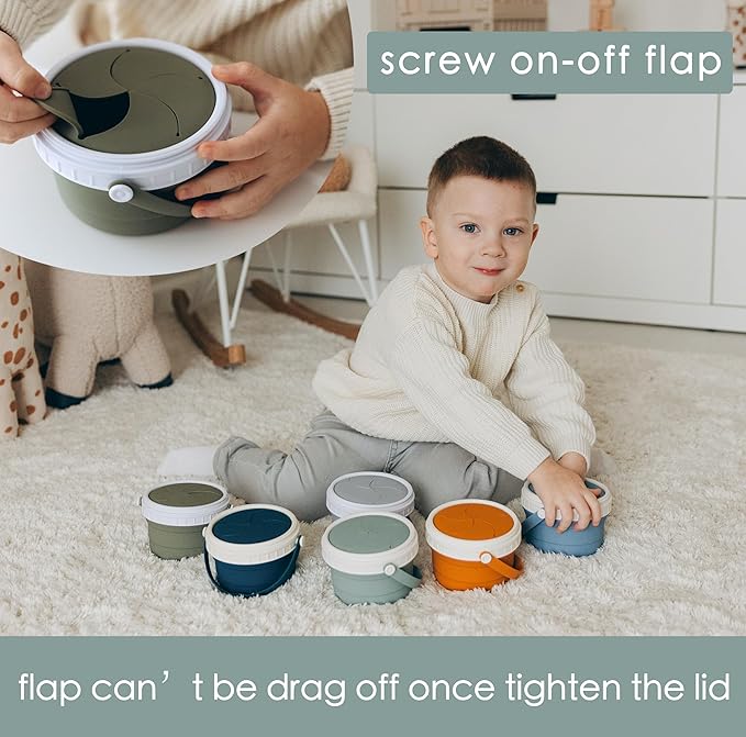 No Spill Silicone Toddler Snack Containers, Detachable Silicone Flap for Filling&Cleaning, Crumb-Free Hard Plastic Screw Travel Lid, Ultra-Soft for Baby Kids Hand In-Out, Snack Cup Holder 12 oz