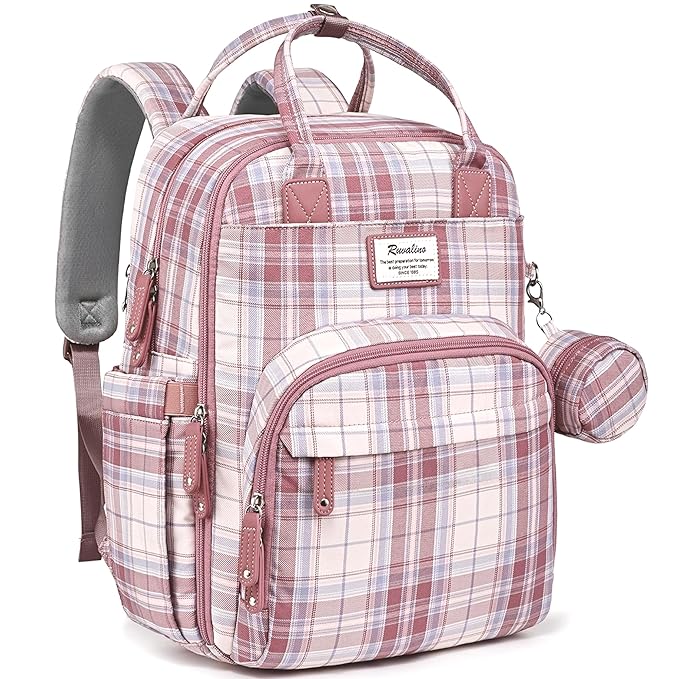 RUVALINO Diaper Bag Backpack, Multifunction Travel Pack Maternity Baby Changing Bags, Large Capacity, Waterproof, Pink Plaid