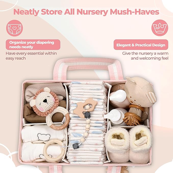 PeraBella XL Diaper Caddy Organizer With Handle, Baby Shower Gifts Basket Bag, Registry Search Must Haves Items, Newborn Girl Boy Nursery Storage Organizer, Baby Bag Essentials, Car Diaper Caddy Cart