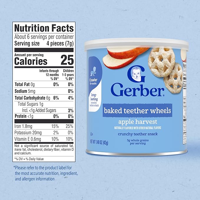 Gerber Baked Teether Wheels, Apple Harvest Crunchy Teether Snack, Baby Crackers, 6PK