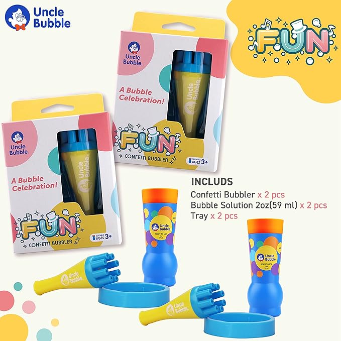 Uncle Bubble Confetti Bubbler 2 Sets - Kiddo Bubble Blower | Make Thousands of Tiny Bubble in One Breath with World Record Best Bubble Solution