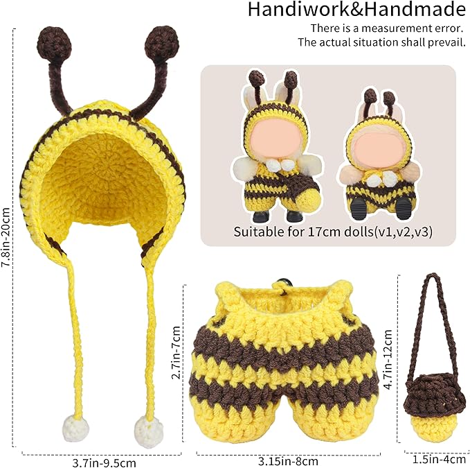 Handmade 17cm Doll Clothes - 17 cm Doll Outfits with Bee Animal Style Outfits and Cute Accessories Bag Hat for Dress Up Dolls, Keychain Decoration, Pendant Gift