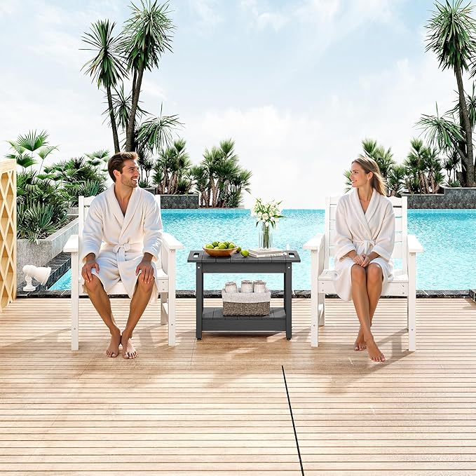 Waterproof Shower Bench, 24" Poly Lumber Shower Stool for Shaving Legs, Shower Chair Seat with Storage Shelf and Handles, Bathroom Bench for Inside Shower, Non-Slip (Grey)