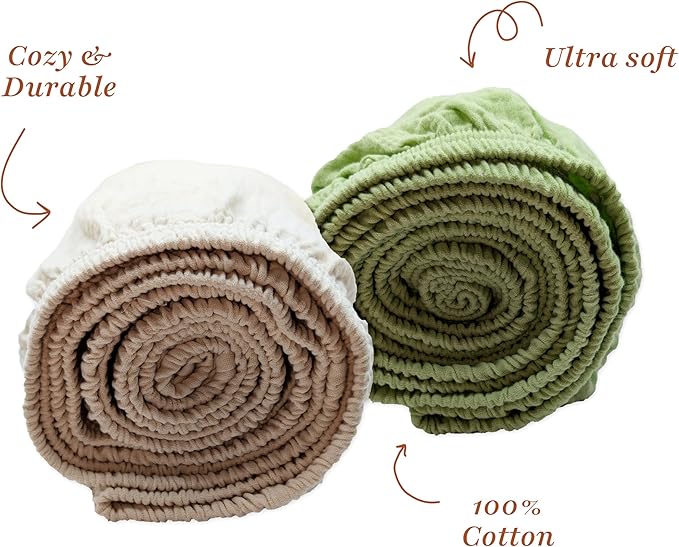 Muslin Fitted Crib Sheet for Standard Crib Mattress, 52” X 28”, 2 Pack 100% Cotton Soft Breathable Baby Crib Sheet for Boys, Girls (Beige/Green)