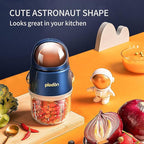 Baby Food Maker Mini Cute and Small Food Processor Puree Blender Grinder Chopper 300ml Cup Glass Bowl with 8 Blade Electric (Spaceman-Blue)