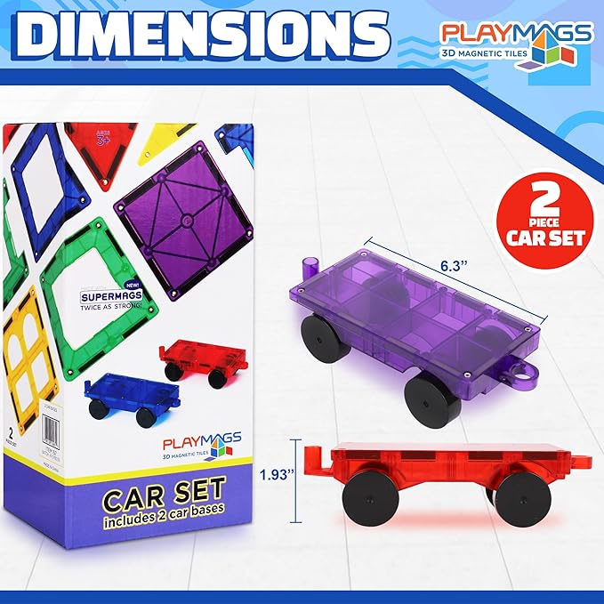 Playmags 2 Piece Car Set: with Stronger Magnets, STEM Toys for Kids, Use with All Magnetic Tiles and Blocks Sturdy, Super Durable with Vivid Clear Color Tiles. (Colors May Vary)