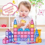 Pink Castle Magnetic Tiles for Kids Ages 3-8, 3D STEM Toys with Sparkling Building Blocks, Creative Educational Gift for Boys and Girls, Preschool Learning Toys for Birthday