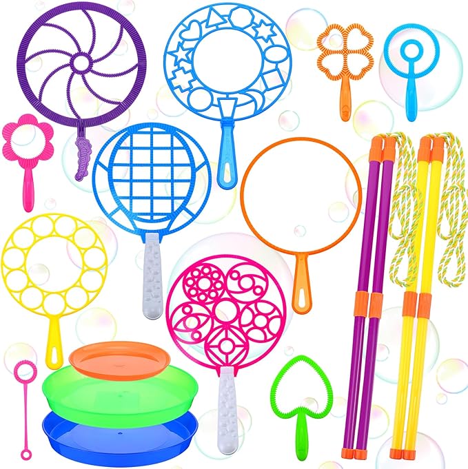 Lenwen 16 Pcs Giant Bubble Wands Kit Big Maker Toy Large Gigantic Bubble Wands with Refill and Tray for Summer School Birthday Outdoor Playtime Fun Activity Party Favors(Classic)