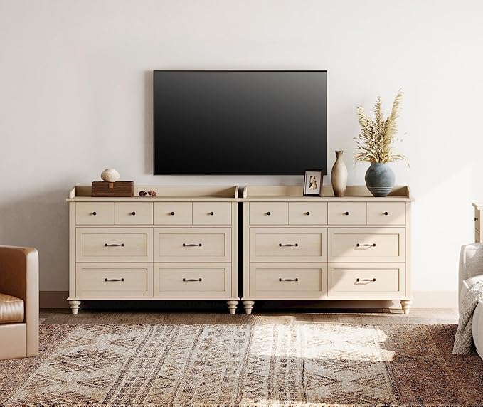 WAMPAT Set of 2 Kids Dresser with 12 Drawers, 2-in-1 Baby Dresser for Bedroom & Kids Room, Rustic Chests & Dressers Wooden Closet Organizer for Children's Bedroom, Beige