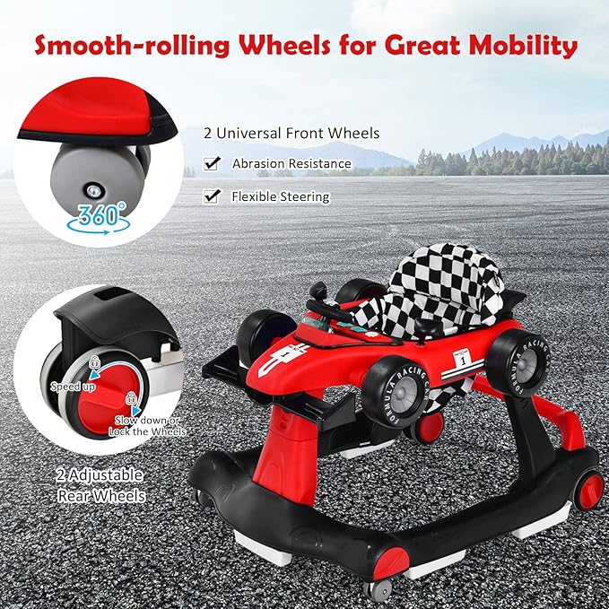 HONEY JOY 4-in-1 Baby Walker, Activity Push Walker w/3 Adjustable Heights, Smooth Wheels w/Adjustable Speed, Padded Seat, Music & Light, Foldable Car Walker for Baby Boys Girls Age 6 Months+ (Red)