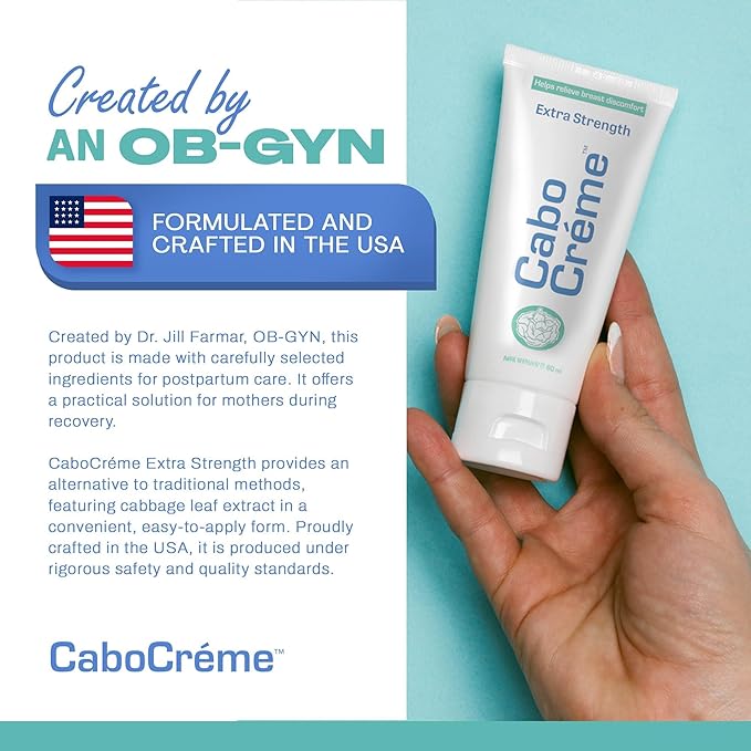 CaboCréme Extra Strength Cabbage Breast Cream - 2X Strength for Engorgement Relief and Breastfeeding Weaning Support - Dry Up Breast Milk - OB-GYN Created & Breastfeeding Mother-Approved - 2 oz