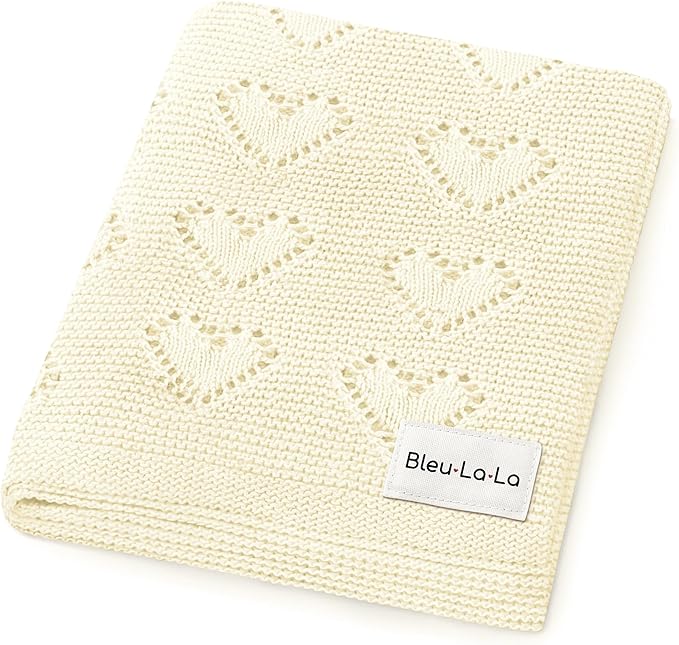 Heirloom Knit Heart Receiving Unisex Blanket for Boys and Girls - 100% Luxury Cotton Baby Blanket - Soft Warm Swaddle Receiving Blanket for Newborns Infants & Toddlers (Ivory)