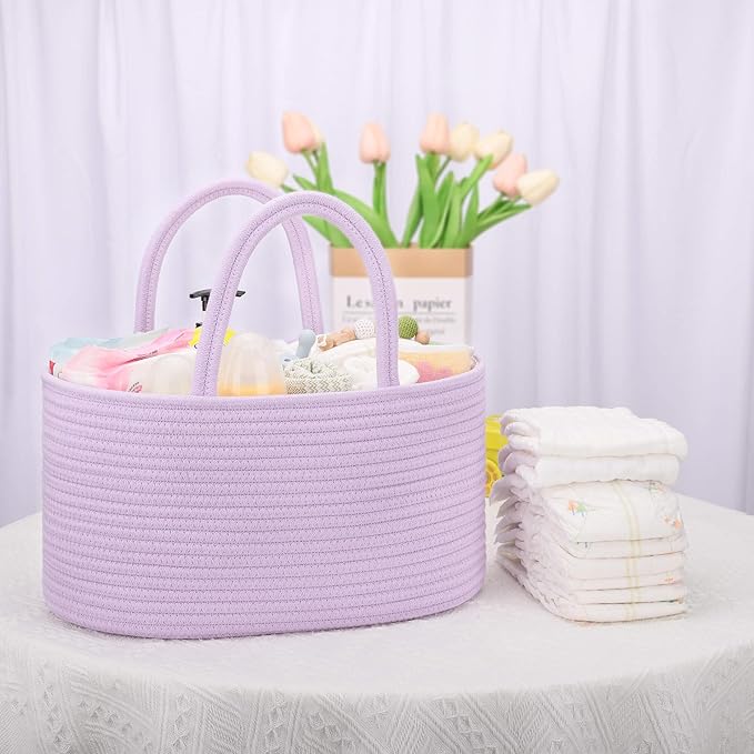 COMSE Large Baby Diaper Caddy Organizer for Girl Boy, Car Caddy with Handles, Cotton Rope Basket for Changing Table, Nursery Organizer, Gift for Baby Shower and Registry Must Have, Purple
