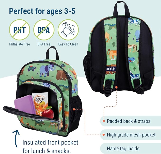 Wildkin 12-inch Kids Backpack – Padded, Adjustable, Ideal for Daycare & Travel - Wild Animals