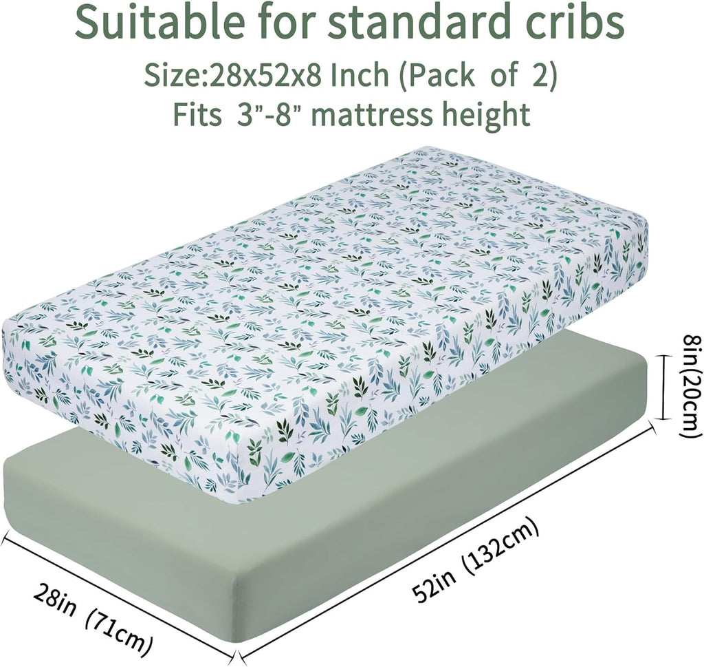Baby Crib Sheets for Boys Girls, 2 Pack Fitted Crib Sheet for Standard Crib and Toddler Mattress, Soft Microfiber Baby Sheet 52x28x8in (Leaf & Green)