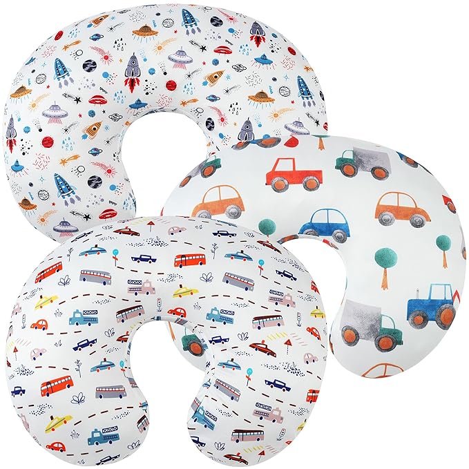 Nursing Pillow Cover Set 3 Pack Nursing Pillow Slipcovers for Moms Breastfeeding Moms, Ultra-Soft Stretchy Fit Standard Nursing Pillows Rocket Satellite,Car & Bus