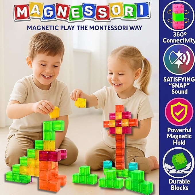 48PCS Magnetic Building Blocks – Montessori Inspired STEM Building Cubes for Kids – Educational Toys for Toddlers & Preschoolers Colorful Safe & Durable Magnet Cubes for Creative Learning