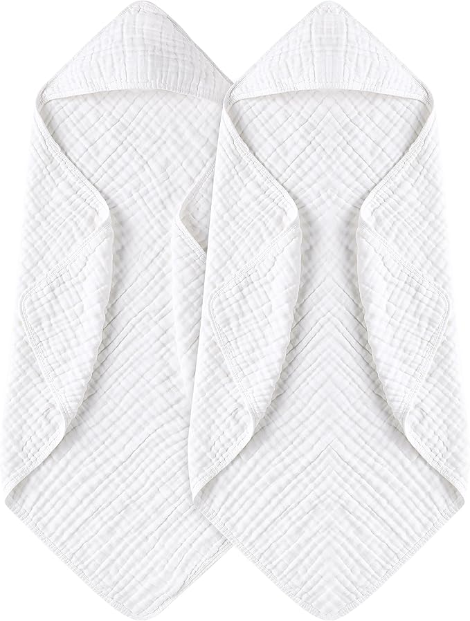 Yoofoss Hooded Baby Towels for Newborn 2 Pack 100% Muslin Organic Cotton Baby Bath Towel with Hood for Babies, Infant, Toddler and Kids, 32x32Inch, Soft and Absorbent Newborn Essential,White-2 Pack