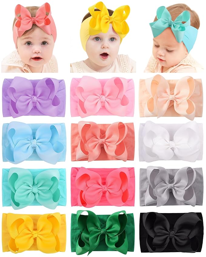 doboi Baby Girl Headbands, 12pcs Nylon Headbands with Big Baby Bows, Hair Accessories for Infant Newborn Toddler