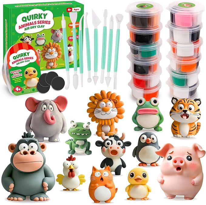 Air Dry Clay Kits for Kids, Arts and Crafts for Kids Ages 8-12, DIY 12 Animals Magic molding Clay Set with Sculpting Tools & Magnets, Modeling Toys for Boys & Girls Ages 4 5 6 7 8+ Years Old