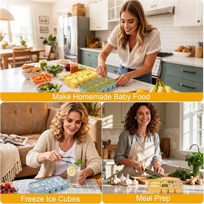 Palksky Silicone Freezer Tray with Lid, Silicone Freezer molds Dual-Size (30/40ml & 70/90ml) Leakproof Individual Seal Rings for Puree, Breast Milk & Homemade Meals (Blue Green Yellow)