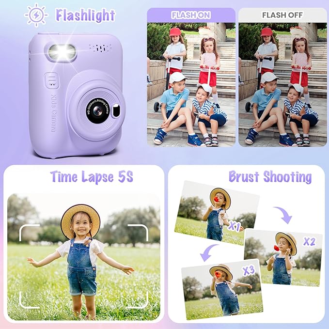 Kids Camera Instant Print, 3.0" HD 32MP Kids Camera Christmas Birthday Gifts for 3 4 5 6 7 8 9 10 11 12 Year Old Girls Boys, 32GB SD Card-Purple