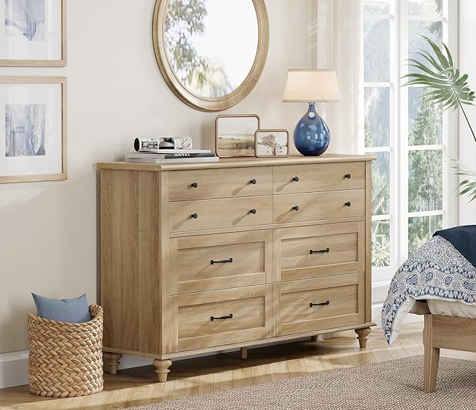 WAMPAT Baby Dresser with 8 Drawers for Kids Room, Farmhouse Kids Dresser Wooden Double Dresser for Bedroom, Wide Dresser Organizer for Children’s Bedroom, Nursery Furniture, 54 Inch, Oak