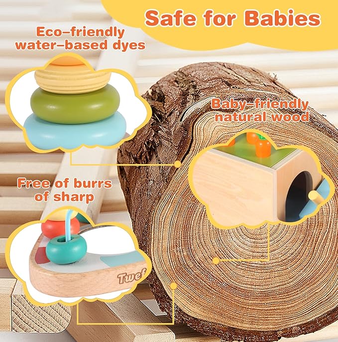 Wooden Montessori Learning Toys Kit,Babies Toys Set for 1 Year Old, Sensory and Thinking Play kit for Toddlers (Boys and Girls). 4 in 1 Drop Box; Rocking Stacker; Bead Maze.