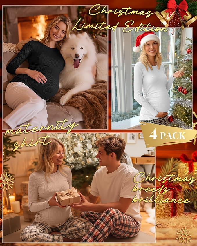 Ficerd 4 Pack Women's Maternity Shirts Cotton Long Sleeve Ribbed Crew Neck Pregnancy Tops Side Ruched Casual Mama Clothes