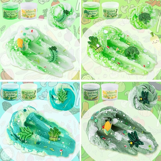 6 Packs Gradient Green Slime Kit - Cloud Butter Clear Slime, Crunchy Slimes for Kids with Various Slime Add-ins, Non Sticky Slimes Party Favors for Girls and Boys