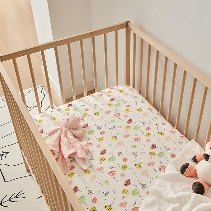 Margaux & May Organic Muslin Cotton Baby Crib Sheet, Dandelion Print, Fitted, Breathable, Toddler Bedding, 52 x 28, Deep Pocket, Organic Crib Sheets for Cozy Sleep