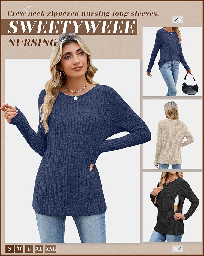 3 Pack Women's Nursing Long Sleeve Tops Breastfeeding Thermal Sweaters with Hidden Zipper Maternity Ribbed Shirts