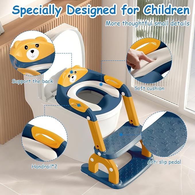 Potty Training Seat with Step Stool for Toddlers - Upgrade 2-in-1 Toilet Seat Toilet Ladder for Kids Children Boys Girls, Anti-Slip Pad & Adjustable Height with Waterproof - Dark Blue