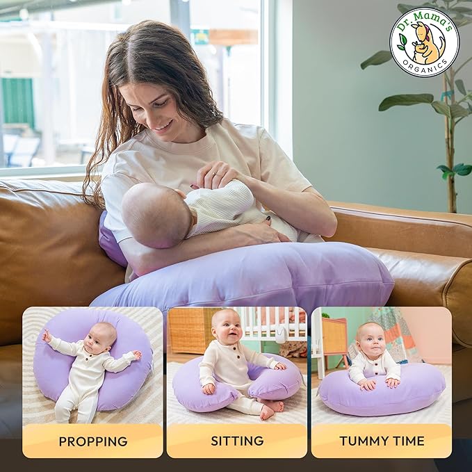 Dr. Mama's Organics Nursing Pillow with Lumbar Support - Ergonomic Design Helps Relieve Back Pain and Arm Fatigue - for Bottle and Breastfeeding - Removable Organic Cotton Cover - (Lilac)