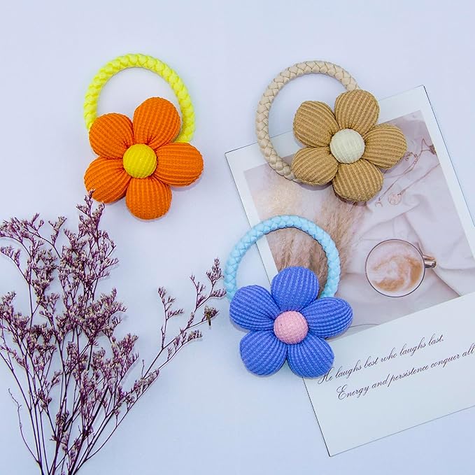 12-Pack Playful Sunflower Hair Ties For Kids Colorful Braided Elastics With 3D Floral Design Girls' Hair Bows (6 Vibrant Color Sets)