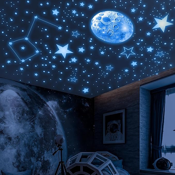 965 PCS Glow in The Dark Stars and Moon for Ceiling, Luminous Stars and Planet Wall Decals, Kids Room Decor, Glowing Galaxy Wall Stickers for Nursery Decorations (Blue)