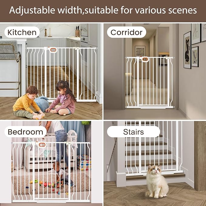 owlie 37.4" Extra Tall Wide Baby Gate for Stairs Doorways,57-66 Inch Extra Large Long Baby Gate with Door Indoor Safety Metal Pressure Mounted Pet Gate with Walk-Thru Auto Close, White
