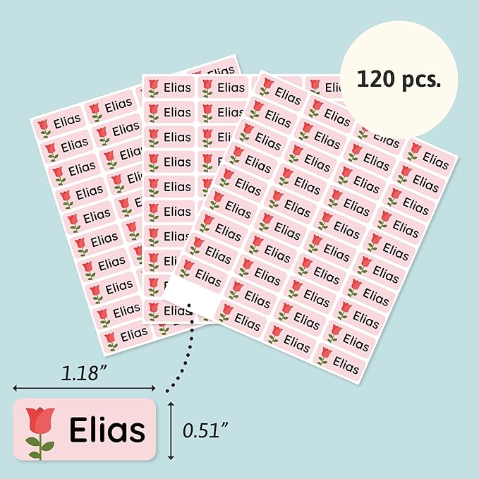 Personalized Name Labels for Kids (120) – Custom Waterproof & Durable Stickers for Clothing, Daycare, Office & School Supplies - Flowers