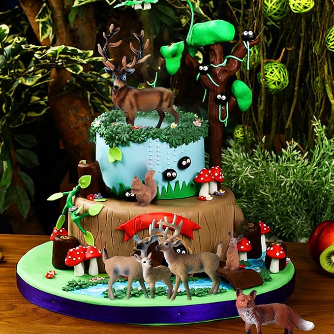SIENON 7Pcs Forest Animals Figures Toys, Miniature Woodland Figurines with Deer Family, Elk, Fox, Rabbit, Squirrel for Kids Christmas Birthday Party Gift Cake Decorations Educational Project Diorama