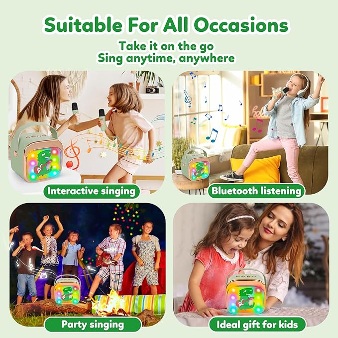 Dinosaur Karaoke Machine for Kids, Portable Mini Karaoke Machine with 2 Wireless Microphones, 4 5 6 7 8 9 10 Years Old Girl Boy Easter Christmas Birthday Gift Colorful Lighted Speaker Toys