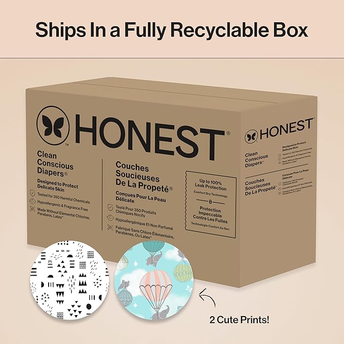 The Honest Company Clean Conscious Diapers for Delicate Skin | Up to 100% Leakproof | Hypoallergenic, Fragrance Free | Gender Neutral | Super Club Box, Size 1 (8-14 lbs), 136 Count (Prints May Vary)