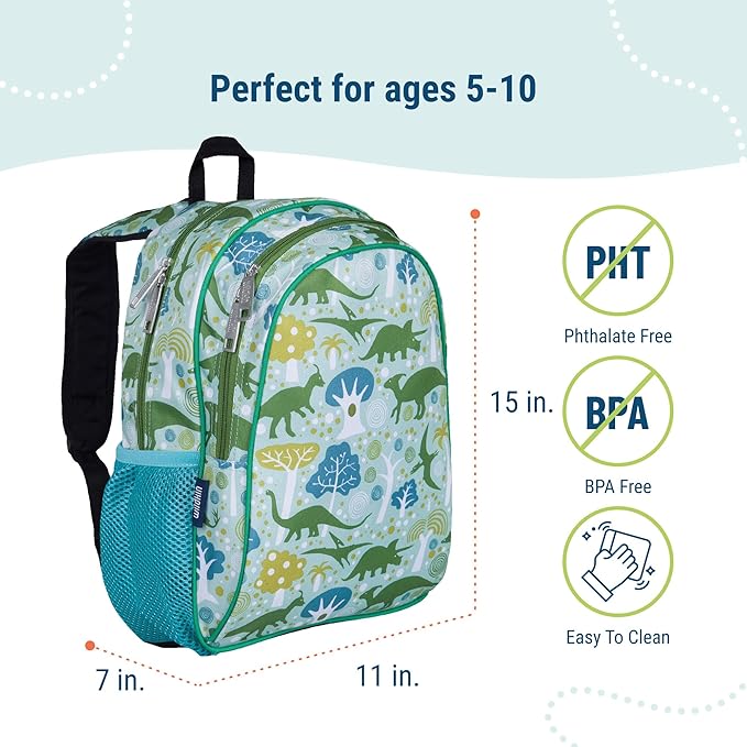 Wildkin 15-inch Kids Backpack – Durable, Padded, Adjustable for School & Travel - Dinomite Dinosaurs