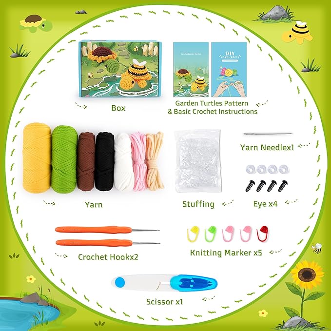 Crochet Kit for Beginners, Crochet Animal Kit with Step-by-Step Video Tutorials, 2PCS Bee and Sunflower Turtles Crocheting Kit for Adults Kids, Easy Yarn for Starter, Stuffed Animal Knitting Kit
