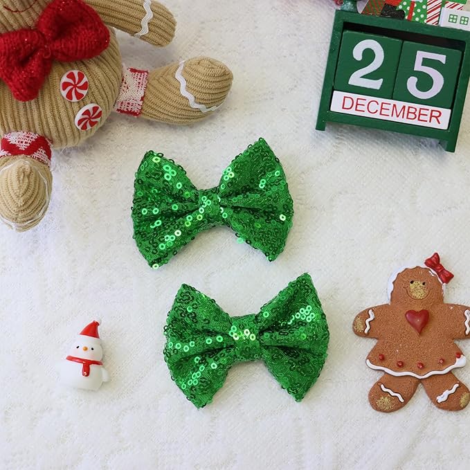 Christmas Hair Bows Clips Green Sequins Alligator Hair Clips Bows for Girls Red Glitter Barrettes Little Bow Hairpins Toddler Teens Sparkly Hair Accessories for Kids Teens Gift