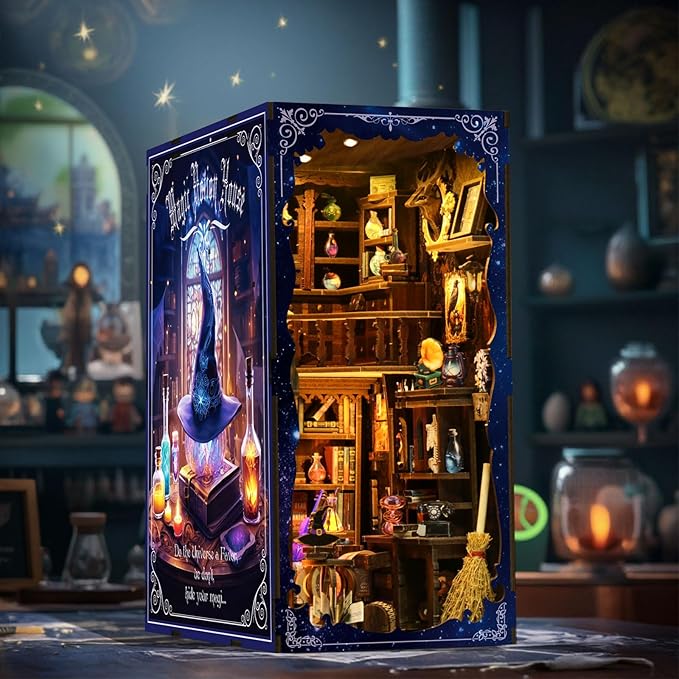 Book Nook Kit, DIY Miniature House Kit, Mini House Building Kit, Miniature Dollhouse Kit for Adults and Teens, 3D Wooden Puzzles with LED Light, Bookshelf Craft Kit (Magic Potion House)