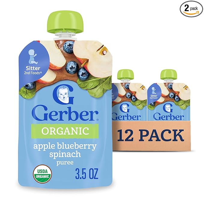 Gerber Stage 2 Baby Food, Organic Apple Blueberry Spinach Puree Pouch, 2 Servings of Fruit & Veggie, No Added Sweetener, No Artificial Colors or Flavors, 12-Pack