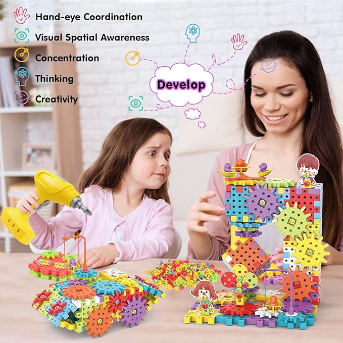 Building Toys, 234 Pieces Upgrade Gear Building Blocks Set Kids Tool Set with Electric Drill, Construction Toys STEM Kits for Kids Age 3+