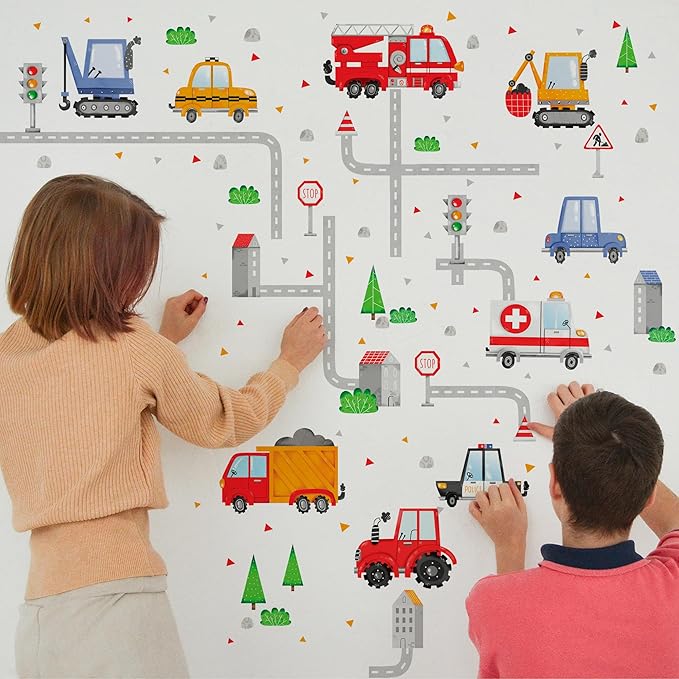 Car Wall Decals by Lipastick - Peel and Stick Transport Road Trucks Stickers for Boys Room, Toddler Bedroom, Baby Nursery, Kids Playroom, Living Room- Removable Decor - M Size